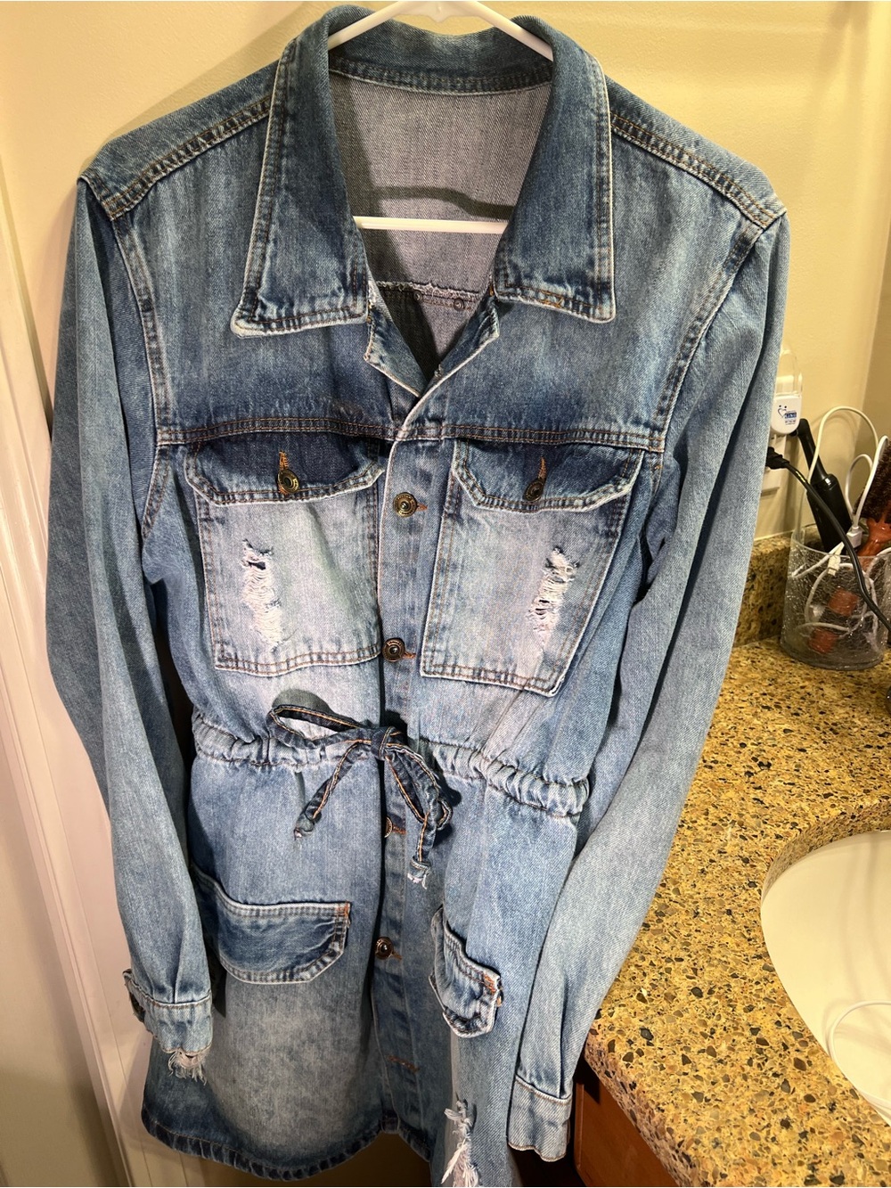 Denim Drawstring Waist Jean Jacket - Light Blue Distressed Sz M Chest 40”